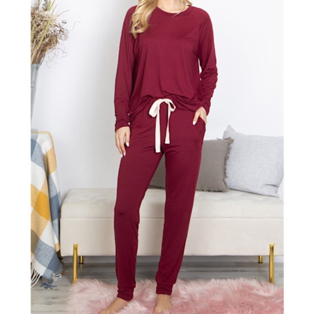 NEW Solid Burgundy Long Sleeves Top and Joggers Set with Tie Casual and Lounging